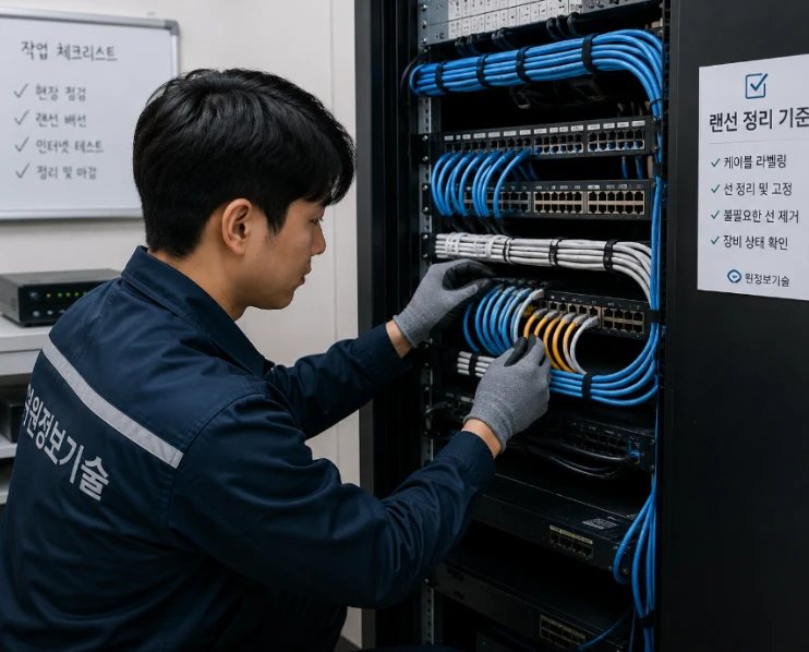 제주 원정보기술 기사가 사무실 네트워크 랙의 랜선을 정리하는 모습